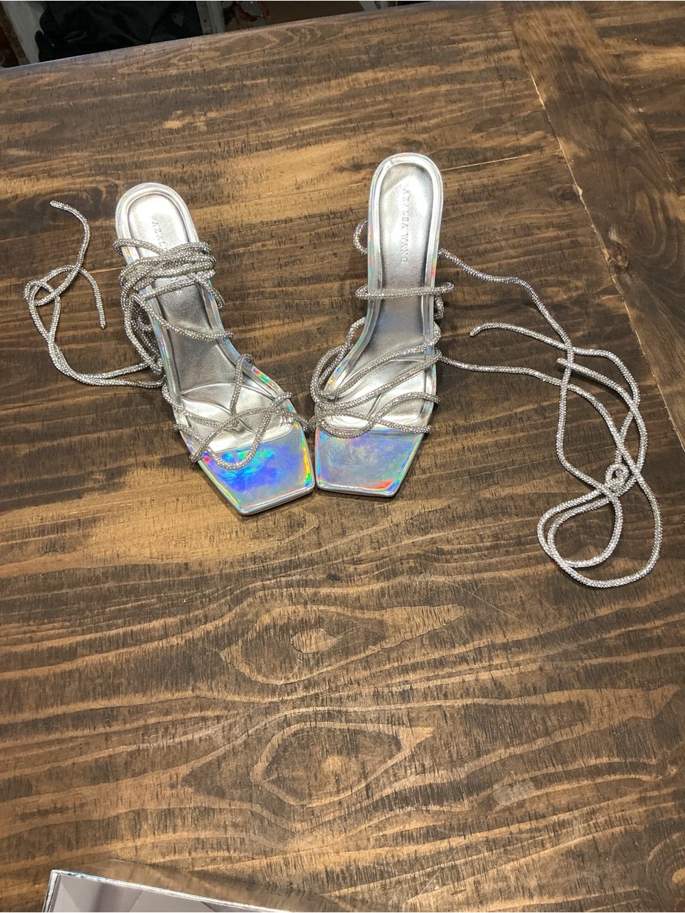 Holographic Square-Toe Lace-Up Heels in Silver